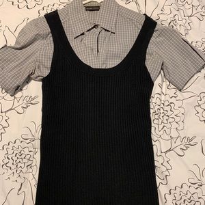 grey button up shirt with a black tank top sweater